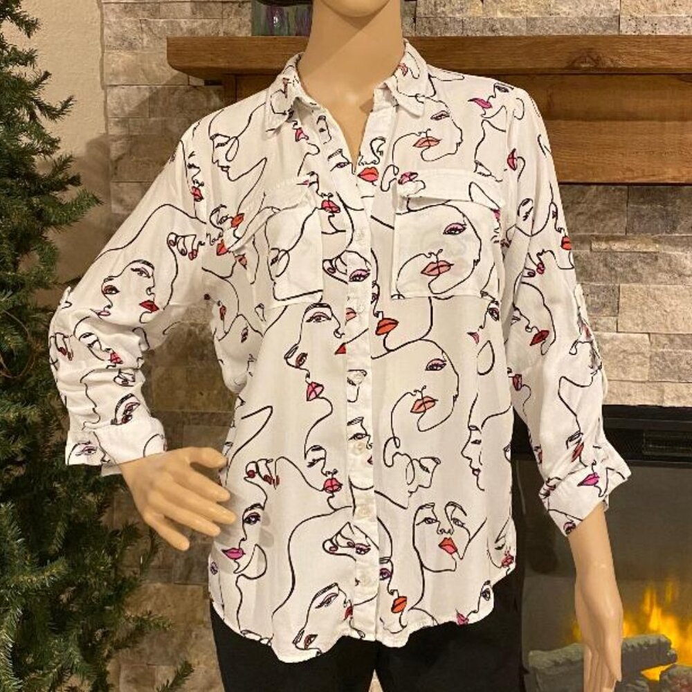 MILK & HONEY Women's LARGE Long Sleeve Face Silhouette Abstract Blouse Button Up